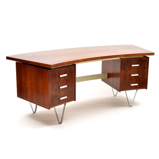 Wooden desk "Boomerang", with dark wood top &...