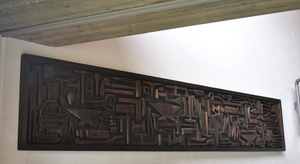 Wooden panel displayed at Bertone offices' entry in Caprie circa 1980