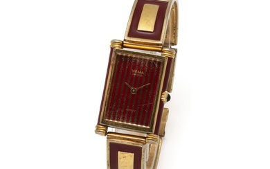 YEMA Montre bracelet de dame en métal doré et laque de couleur bordeaux, cadran rectangulaire...