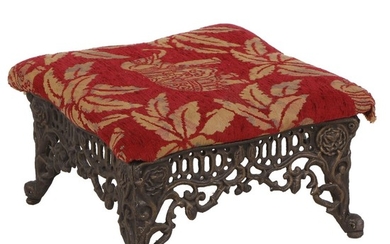 Cast Metal Footstool with Elephant Motif Upholstery