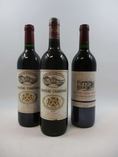 12 bouteilles 4 bts : CHÂTEAU CAMENSAC 1993 5è GC Haut Medoc (étiquettes fanées dont 1 capsule abimées)