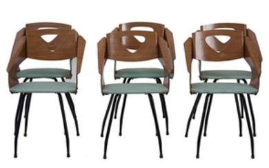 CARLO RATTI - INDUSTRIA COMPENSATI CURVATI Six chairs in curved...