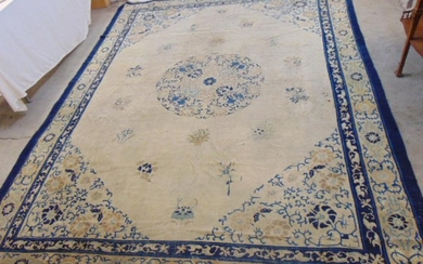 Chinese rug, blue and white, worn, 11'6" by 9'1"