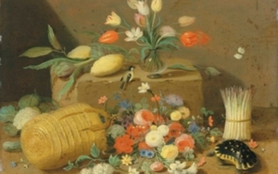 Pseudo-Jan van Kessel II (active second half 17th century), An overturned basket of flowers with a tortoise