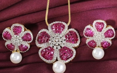 14 K Yellow Gold Ruby & Diamond Earrings with Pendant