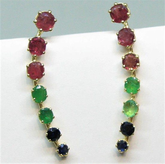 14 kt. Yellow gold - Earrings - 3.97 ct Rubys - Emeralds, Sapphires
