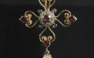 14K Gold Pendant with Diamonds and Rubies