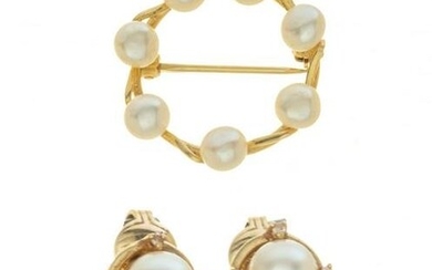 14K Yellow Gold With Pearls Brooch and Clip Earrings