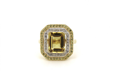 14K Yellow Gold, Yellow Sapphire and Diamond, Double Halo Ring....