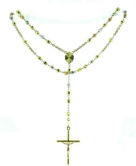 14k Tri-Color Gold Beaded Cross Pendant Necklace