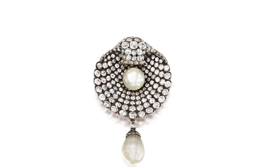 An Antique Natural Pearl and Diamond Brooch
