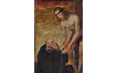 16th century school Christ descends from the cross in the presence of a saint Fragment, oil on panel, 57x24...