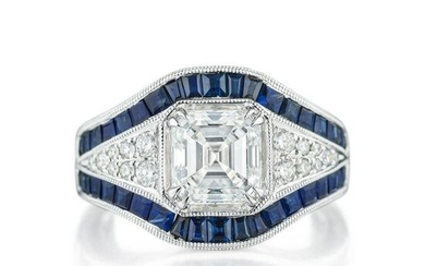 1.79-Carat Asscher-Cut Diamond and Sapphire Ring