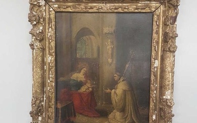 17th Century Flemish painting on copper "Madonna and Child with Saint" in antique frame (losses)