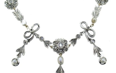 18 kt. Gold, Silver - Necklace, Necklace with pendant - 0.83 ct Diamond - Pearls