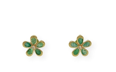 18 kt. Gold, Yellow gold - Earrings - 0.10 ct Diamond - Emeralds