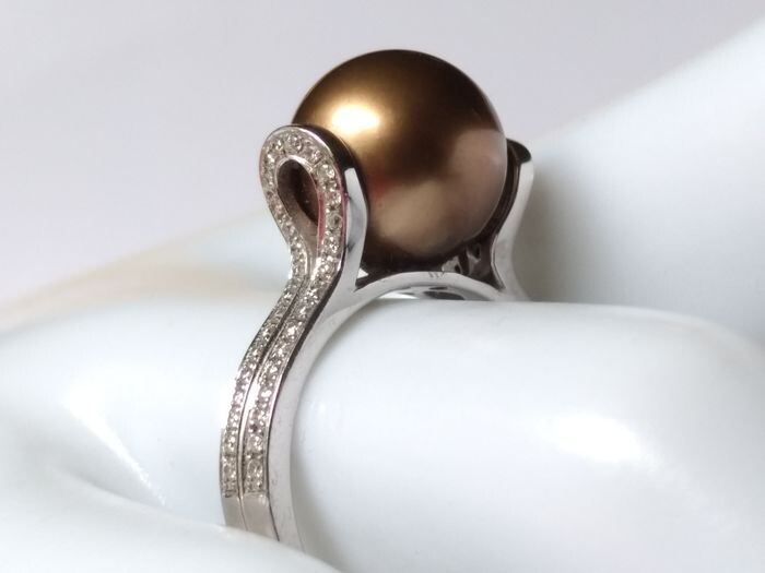 18 kt. Tahitian pearl, White gold - Ring Pearl - Diamonds
