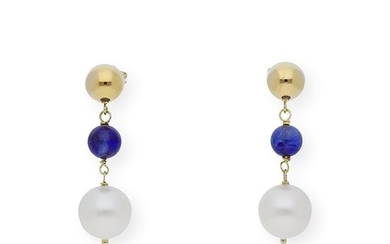 18 kt. Yellow gold - Earrings South Sea Pearl - Sapphires