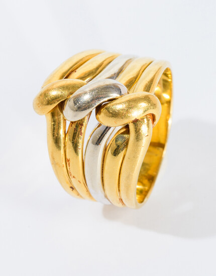 18K (750) BRIGHT-POLISHED YELLOW AND WHITE GOLD FIVE-SECTION BAND. Four...