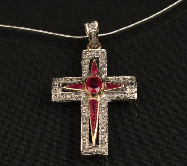 18K GOLD RUBY AND DIAMOND CROSS PENDANT NECKLACE