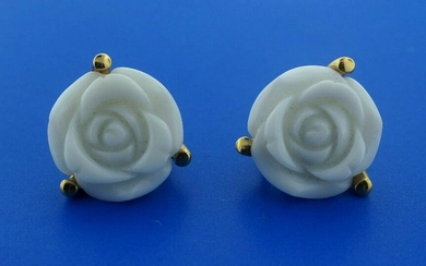 18K YELLOW GOLD WHITE CERAMIC CARVED ROSE CLIP ON