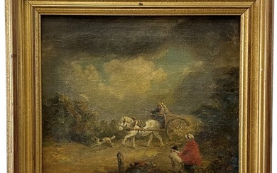 18th Century British School Horse & Buggy Scene w/ Dog In Landscape