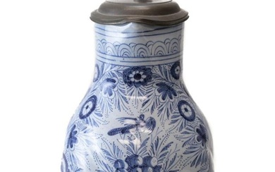 18th century Pewter-mounted Continental Faience Jug, painted blue and light blue