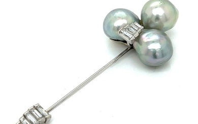 1950s Platinum $ 18K Baroque Pearl and Diamond Pin