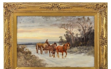19C German Horse and Cart Painting w Sotheby's Tag