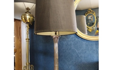 19th C. silver plate table lamp with cloth shade {78 cm H x ...