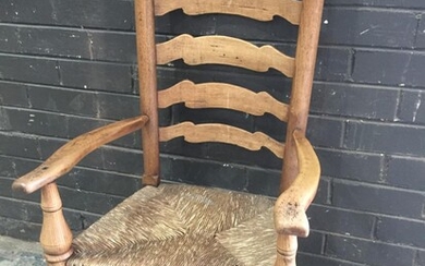 19th Century Privincial Oak Ladder Back Armchair, with woven rush seat, turbned legs & stretchers (H:98cm)