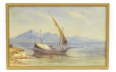 19th century, Italian School, Watercolour, An coastal scene with a fishing boat and fishermen, with