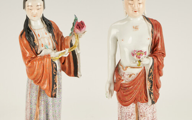 2 Chinese Polychrome Figures, Standing Buddha & Guanyin