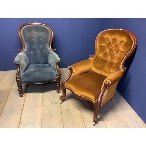 2 Victorian gents spoon back fireside chairs on casters for...
