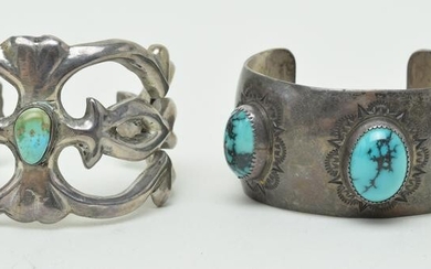 (2) early Navajo silver and turquoise bracelets, one