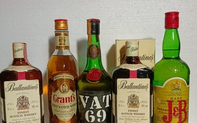 2 x Ballantines + Vat 69 + J&B + Grant's - b. 1970s to 1990s - 75cl - 5 bottles