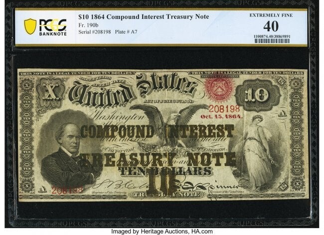 20023: Fr. 190b $10 1864 Compound Interest Treasury Not