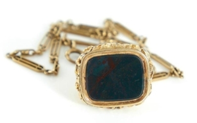 Antique bloodstone and gold fob on chain