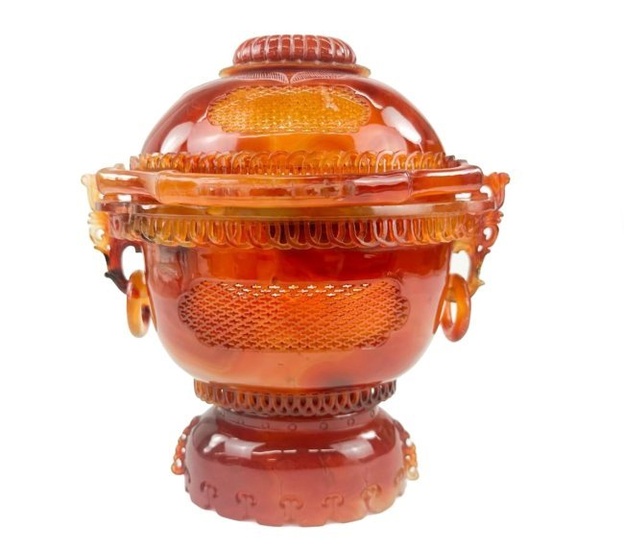 20th C. Chinese Carved Carnelian Agate Censer with Cover
