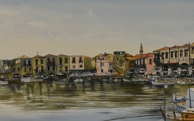 20th Century Continental School, watercolour, 'Rethymnon', A Greek coastal scene, signed to the