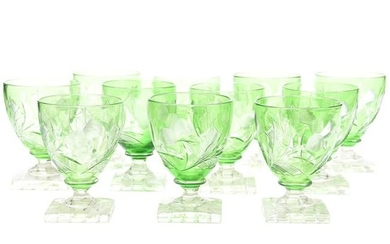 (11) Steuben #6338 Green Cut to Clear Water Goblets