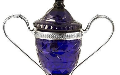 23- Blue cut glass sugar bowl, silver frame...