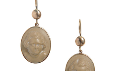Antique Gold and Lava Cameo Earrings Carved by J.A. Greenough