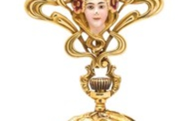 * An Art Nouveau 14 Karat Yellow Gold, Diamond, Seed Pearl and Polychrome Enamel Lapel Watch