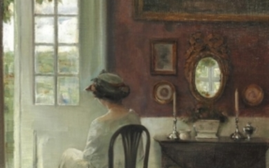 Carl Holsøe: Interior with a young woman sitting next to the garden door. Signed Carl Holsø. Oil on canvas. 52 x 50 cm.