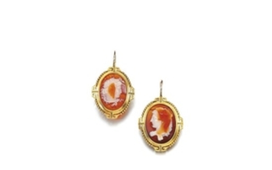 Pair of carnelian cameo earrings, first half 19th century and later