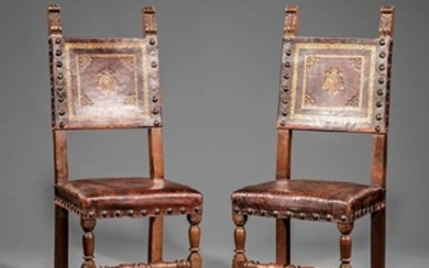 Carved Walnut and Tooled Leather Side Chairs