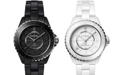 CHANEL THE J12 INSEPARABLE FOR ONLY WATCH 2019 Chanel the J12 inséparables for Only Watch An historic pair of the first unique black and white matte ceramic J12, with a special black execution of the new self winding Caliber 12.1 visible through a...