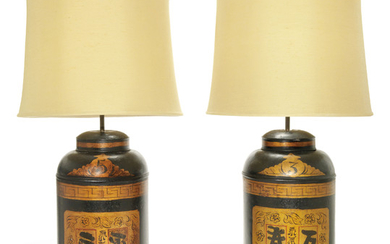 A PAIR OF CHINESE BLACK AND GILT-JAPANNED TOLE TEA CANNISTER TABLE LAMPS, LATE 20TH CENTURY