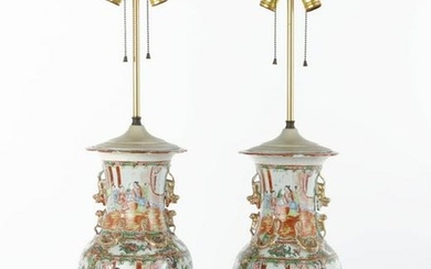 Pair of Chinese Export rose medallion vases lamps